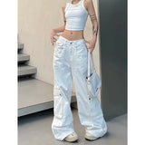 YESMYTOOL  -   Summer White Womens Jeans High Waist Baggy Casual Vintage Y2K Trend Straight Cargo Pants Street American Wide Leg Denim Trouser