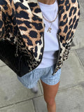 YESMYTOOL  -  Women Casual Leopard Print Bomber Jacket Elegant Lapel Long Sleeves Zipper Pockets Loose Coat 2024 Autumn Lady High Streetwewar