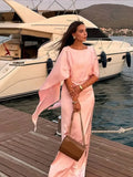 YESMYTOOL  -  Elegant Pink Satin Half Flare Sleeved Long Dress Women Fashion O Neck Bodycon Maxi Dresses 2024 New Lady Vocation Party Robes