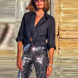 YESMYTOOL  -  Casual High Street Party Trousers Fashion Shiny Sequins Slim Fit Straight Long Pants Women Elegant Elastic Waist Wide Leg Pants