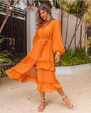 YESMYTOOL  -  Orange Ruffles Midi Dress For Women Lantern Sleeve Button Solid Dress With Belt Daily Vacation Party Vestido