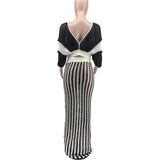 YESMYTOOL  -  Striped Knitted Beach Two Piece Sets Women Summer Sexy Hollow Out V-neck Crop Tops Slim Long Skirts Bohemian Holiday Outfits