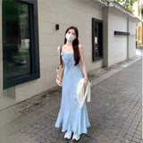 YESMYTOOL  -  Gentle Style Blue Floral Camisole Dress for Women in Summer 2024, New Slim Waisted and Ruffled Fishtail Long Skirt