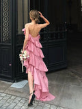 YESMYTOOL  -  Layer Ruffles V Neck Pink Maxi Dress Women Elegant Backless Sleeveless Sling Long Dresses 2024 Chic Lady Party Street Vestidos