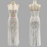 YESMYTOOL  -  Sexy Lace See Through Hollow Out Maxi Dress Womens Elegant Summer White Holiday Beachwear Backless Slim Halter Neck Dress