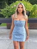 YESMYTOOL  -   Ladies Blue Denim Frayed Bandeau Dress 2024Ladies Vintage Dress Vacation High Street Zipper Slim Chic Female Dress