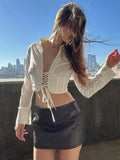 YESMYTOOL  -  Turn-Down Collar Long Sleeves Lace Up Crop Blouses Solid Sexy Bodycon Top Party Clubwear Women'S Autumn Winter Clothes