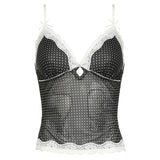 YESMYTOOL  -  Vintage Y2K Aesthetic Sexy Mesh Top Camis Bow Lace Patchwork See Through Summer Crop Top Gilrs 2000S Clothes Kawaii