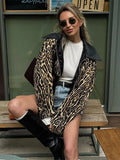 YESMYTOOL  -  Women's Casual Leopard Printed Leather Lapel Patchwork Jacket Chic Zipper Long Sleeve Short Slim Coat 2024 Lady High Streetwear