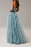 YESMYTOOL  -  Elegant Spaghetti Straps Tiered Skirt   Long Prom Dresses A-Line Party Dresses Tulle Pleated Formal Gowns