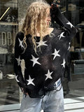 YESMYTOOL  -  Street Stars Printed irregular Wide Collar Sweater Hot Girl Loose Thin Ripped Knit Sexy See Through Pullovers Long Sleeve