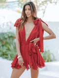 YESMYTOOL  - Sexy Deep V Neck Lace-up Ruffles Hem Mini Dress Elegant Solid Open Back Bow Tie Short Dresses 2024 New Holiday Party Lady Robes