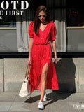 YESMYTOOL  -  Polk Dot Red Midi Dress Women Summer New V Neck Short Sleeve Waist Cinched Split Dresses 2024 Elegant Casual Button Long Vestido