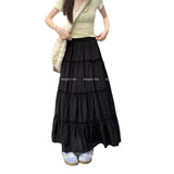 YESMYTOOL  - Summer Solid White Long Skirt Women Pleated Black Mid-length Skirts High-waisted Fairy A-line Long Tulle Cake Skirts Y2k Clothes