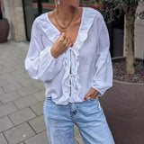 YESMYTOOL  -  Summer Sexy Ruffle V-neck Tie-Up Blouse Women Casual Lantern Long Sleeve Loose Tops 2024 Spring Fashion Splicing Cardigan Shirts