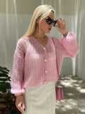 YESMYTOOL  - Fashion Sweet Pink Hollow Out Knitted Cardigan Women Casual Long Lantern Sleeves Single Breasted Sweater Lady Chic Knitwear