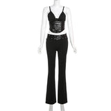 YESMYTOOL  -    Black Slim Fit Trousers Set Camisole Off Back V Neck Lace Spliced Asymmetrical Top High Waist Micro Raging Pants Suit