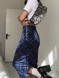 YESMYTOOL  -   Vintage Y2k Long Skirt Women Plaid Low Waist Slim Mesh Patchwork Straight Midi Skirt Casual Preppy Style Streetwear