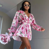 YESMYTOOL  -  V-Neck Flower Printing Jumpsuit Dress For Women Elegant Draped Lace Up Long Sleeves Elastic Waist Fashion Dress Playsuits