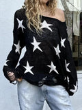 YESMYTOOL  -  Street Stars Printed irregular Wide Collar Sweater Hot Girl Loose Thin Ripped Knit Sexy See Through Pullovers Long Sleeve