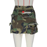 YESMYTOOL  -  Sexy High Split Camouflage Denim Mini Skirt Women Army Green Ripped Irregular Skirt Spliced Pocket Button Party Skirt