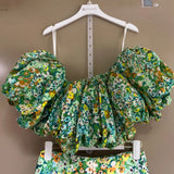 YESMYTOOL  -  Flowers, clouds, bubbles, one-shoulder blouse, tube top+high-waist shorts suit, summer age-reducing pastoral style.