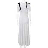 YESMYTOOL  -  Elegant White Bow Maxi Dress for Women Fashion Puff Short Sleeve Slim Party Dresses 2024 Summer Holidays Party Draped Dress