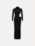 YESMYTOOL  -  Sexy Spice Women Evening Gown 3D Flower Turtleneck Dress Fashion Slim Red Black Hollow Out Maxi Robe Efmale Party Club Vestido