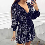 YESMYTOOL  -  Sexy Deep V-neck Long Sleeve Mini Dress Women Fashion Shiny Sequins Lace-up A-Line Dress Fashion Hight Waist Club Party Dresses