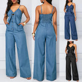 YESMYTOOL  - Summer Women Denim Jumpsuit Fashion High Waist Wide Leg Long Pants Romper Front Tie Knotted Jeans V-neck Overalls Playsuits