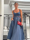 YESMYTOOL  - Vintage Blue Denim High Waist Maxi Dress Women Elegant Square Neck Loose Long Dresses 2024 Fashion Party Commute Streetwear Robe