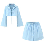 YESMYTOOL  -  Fashion Casual Skirt Suit 2024 Summer New Blue Bell Sleeve Shirt Tops with Lace-up Mini Skirt Sexy Two Piece Set Women