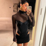 YESMYTOOL  -  Fashion Mesh Long Sleeve Mini Dress Party Evening Club Outfits Sexy Cut Out Corset Bodycon Dresses Clothes