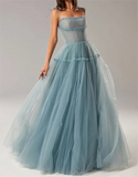 YESMYTOOL  -  Elegant Spaghetti Straps Tiered Skirt   Long Prom Dresses A-Line Party Dresses Tulle Pleated Formal Gowns