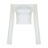 YESMYTOOL  -   Slash Neck Bow White Sweet Female T-shirt Chic Autumn Tee Slim Long Sleeve Tie Up Coquette Clothes Off Shoulder Tops