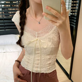 YESMYTOOL  -  Y2k Vintage Lace Tshirts Women V Neck Summer Short Sleeve Crop Top Gyaru Korean Fashion Coquette Aesthetic Slim Tees