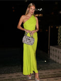 YESMYTOOL  -   One Shoulder Green Pleated Maxi Dress Summer Women Sleeveless Cinched Waist Solid Color Elegant Party Evening Dresses