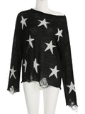 YESMYTOOL  -  Street Stars Printed irregular Wide Collar Sweater Hot Girl Loose Thin Ripped Knit Sexy See Through Pullovers Long Sleeve