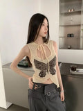 YESMYTOOL  -  Bufferfly Hooded Tank Top Sleeveless Top Women Crop Top Lace Up 2023 Summer See Through Top Women Sexy Shirt Chic Y2k