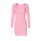 YESMYTOOL  -  Shiny Rhinestone Pink Birthday Dress For Women 2024 Fall Sexy Long Sleeve Short Dresses Party Club Outfits