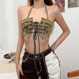 YESMYTOOL  -  Lace Up Halter Cropped Tank Top Sexy Vintage Hollow Out Bandage Women Clothes 2023 Summer Club Party Slim Backless Streetwear