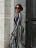 YESMYTOOL  -  Women Chic Striped Printed Knitted O-neck Dresses Elegant Contrasting Color Long Sleeve Bodycon Dress 2024 Lady Party Streetwear