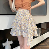 YESMYTOOL  -    Ruffle Flower Print Mini Skirt Elegant Sexy Short Skirt Layered Coquette Irregular Vintage Women Casual A-line Skirt