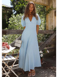 YESMYTOOL  -  Off Shoulder Textured Dress Women's Summer Blue Backless Holiday Sundress Elegant Holiday Party Maxi Vestidos Long Dress