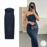 YESMYTOOL  -  Solid Vintage Off Shoulder Dress 2024 Women's Denim Strapless Backless Split Dress Lady Strapless Tube Corset Side Dress