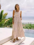 YESMYTOOL  -  Holiday Striped Beach Blue Long Maxi Dress for Women Summer 2024 Fresh and Sweet Spring Striped Printed Collar Lace-Up Dress