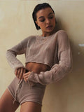 YESMYTOOL  -   Sexy Beach Crop Top Shorts Sets Women Knit Long Sleeve Lace Up Female Suit Summer Holiday See Through 2 Piece Set Womens