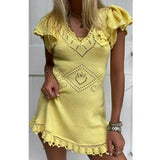 YESMYTOOL  -   yellow sweet knitted dresses for women ruffle V-neck hollow out chic mini women dress strawberry patchwork dress