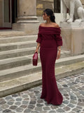 YESMYTOOL  -  Women Off Shoulder Half Sleeves Maxi Dresses Elegant Dark Red Strapless Slim Knitted Long Dress New Sexy Lady Night Party Robes