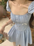 YESMYTOOL  -  Sweet Y2K Blue Plaid Princess Short Dresses for Women Puff Sleeve Square Collar A-line Birthday Party Dress Prom Vestidos Mujer